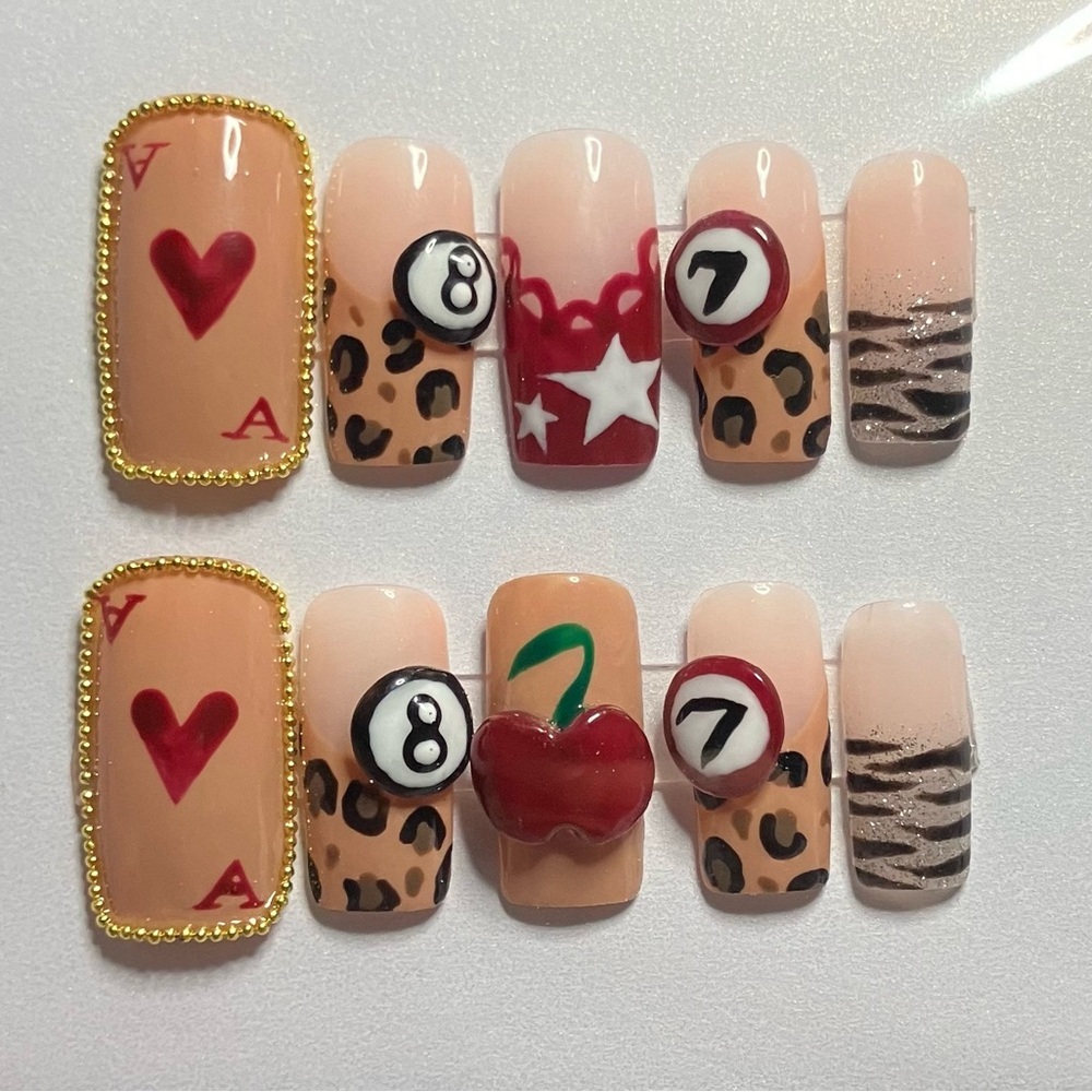 Playful Casino & Cherry Press-On Nails — Red, Nude, Black, Leopard
